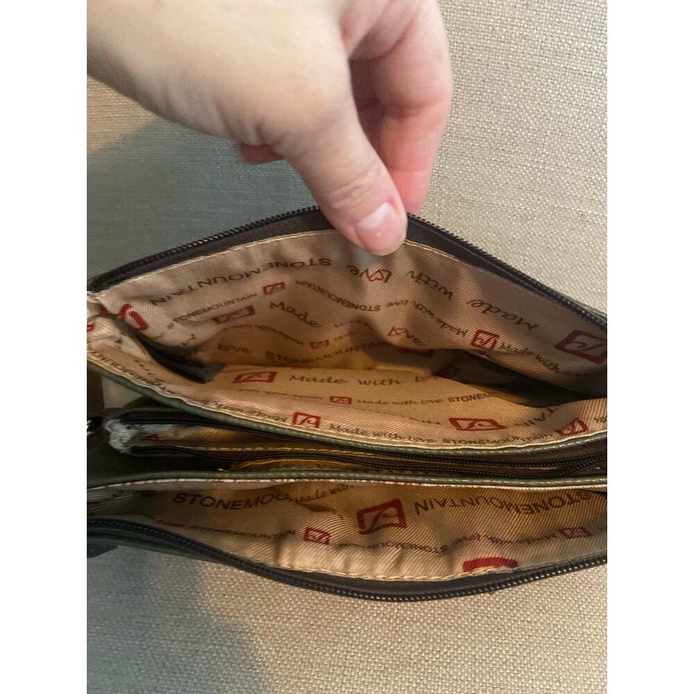 Stone Mountain pebbled leather large multi compartment wristlet in olive/brown - Picture 7 of 14